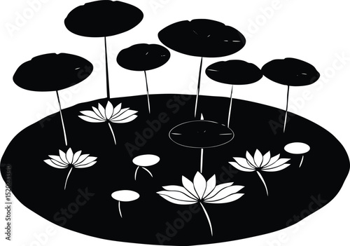 floating lily pads silhouette, lily pads on still water silhouette