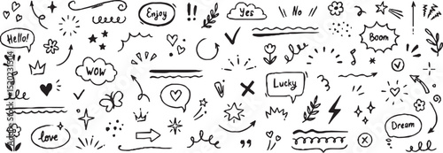 Line sketch star, text, arrow, heart decoration element icon set. Hand drawn sketch doodle cute star, emphasis, flower element. Pen line, brush, love text decoration shape icon. Hand drawn vector