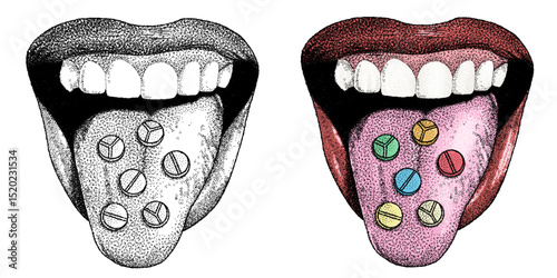 Etching tongue lips and medicine with stipple pointillism