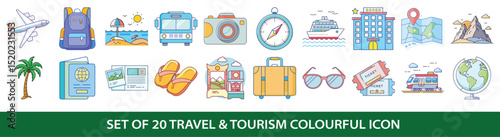 Set of twenty travel and tourism colorful icons representing various aspects of journey and exploration