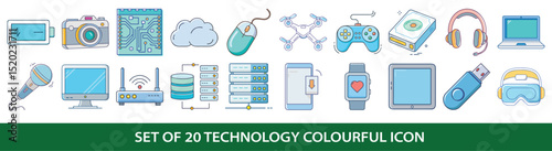 Collection of Twenty Colorful Technology Icons Representing Modern Devices and Gadgets