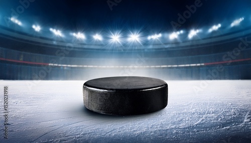 close up ice hockey puck in the arena