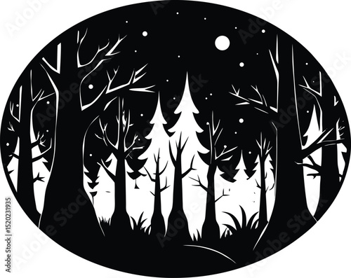 magical glowing forest scene silhouette, enchanted glowing woods silhouette