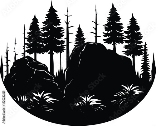 mossy rocks in forest silhouette, mossy woodland rocks silhouette