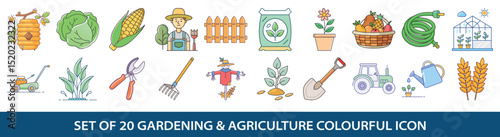 Set of twenty gardening and agriculture colorful icons featuring various farming tools equipment plants and produce