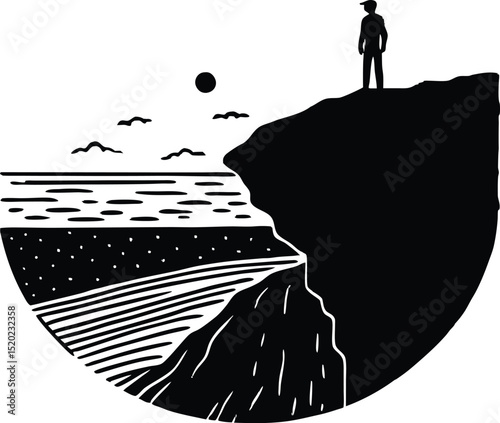 person on scenic coastal cliff silhouette, adventurer on cliff silhouette