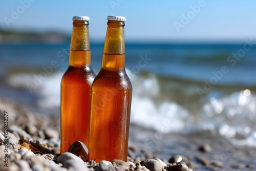 Cold Beer Bottles on a Pebble Beach