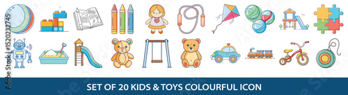 Set of Twenty Colorful Kids and Toys Icons Illustrations