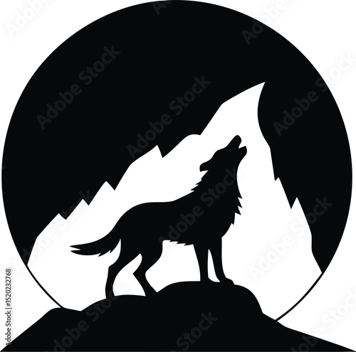 Majestic Arctic Wolf Howling at the Moon in a Snowy Mountain Silhouette Illustration