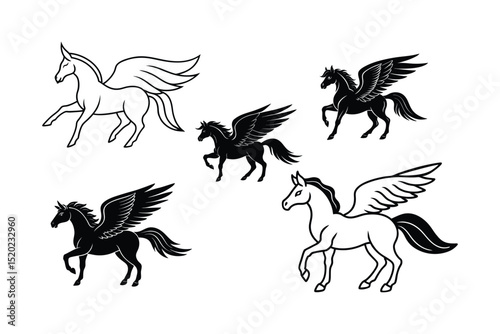 Pegasus or Mythical Horse Silhouette Vector Set Design
