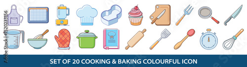 Set of twenty colorful cooking and baking icons collection