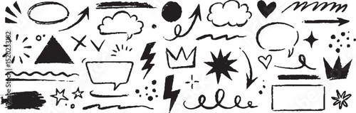 Line sketch star, text, arrow, heart decoration element icon set. Hand drawn sketch doodle cute star, emphasis, flower element. Pen line, brush, love text decoration shape icon. Hand drawn vector