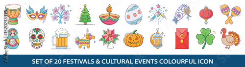 Set of 20 festivals and cultural events colourful icon collection representing diverse celebrations