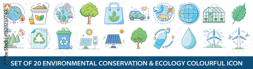 Set of twenty environmental conservation and ecology colourful icons showing global warming, recycling, renewable energy, and sustainable practices
