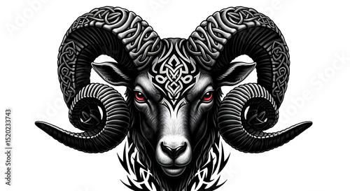 Powerful ram head in tribal style with sharp lines and curves.