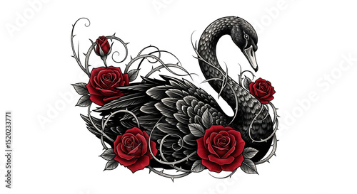 Black swan facing right, with vivid red roses in background