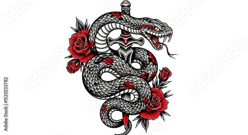 Coiled black snake with red roses, bold and dramatic look.
