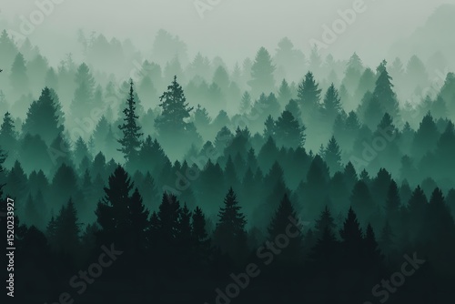 Lush Green Forest Canopy with Ethereal Mist and Layered Depth View