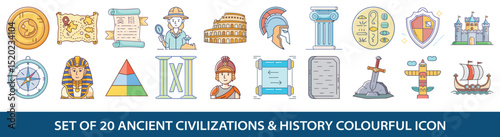 Set of twenty ancient civilizations and history colorful icons illustrations