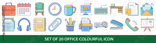 Set of twenty colorful office icons representing various workplace items and equipment