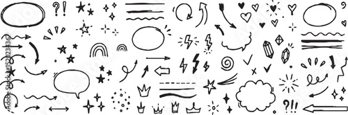 Line sketch star, text, arrow, heart decoration element icon set. Hand drawn sketch doodle cute star, emphasis, flower element. Pen line, brush, love text decoration shape icon. Hand drawn vector