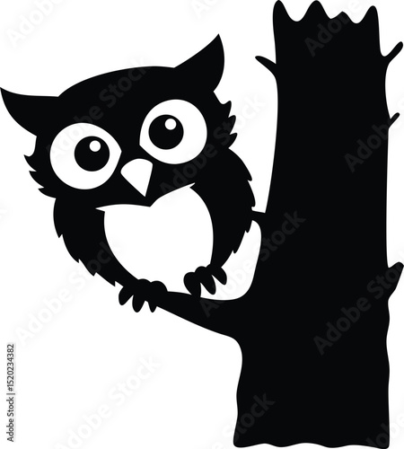Adorable Cartoon Owl Peeking from Tree Hollow  A Whimsical Illustration of a Curious Forest Bird