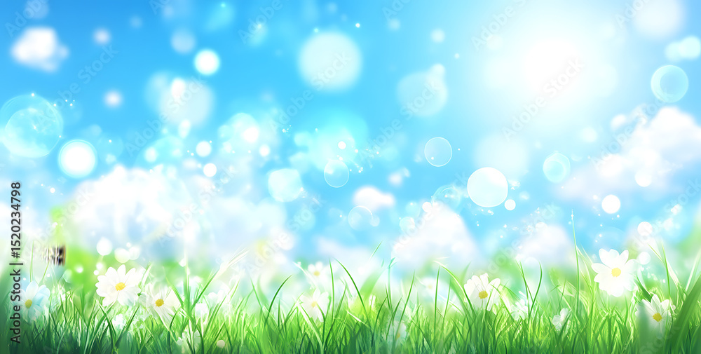 Obraz premium world environment day concept, Beautiful spring blur green nature with bokeh sun light flare and blue sky white cloud abstract background.