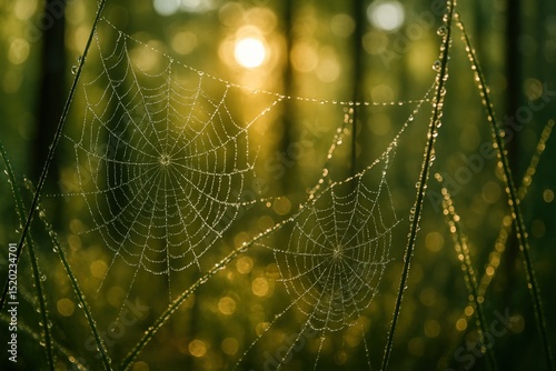 Morning dew on spider web in sunlit forest - nature's intricate patterns