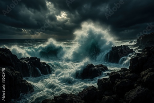 Dramatic stormy seascape with dark clouds and crashing waves