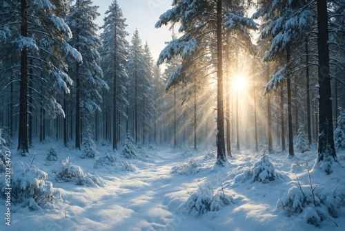 Sunlit winter forest with snow-covered trees and glowing sunrise