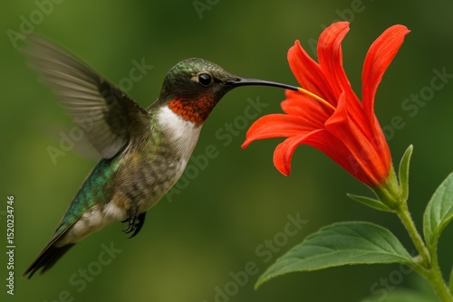 Hummingbird in motion with vibrant red flower on a sunny spring day