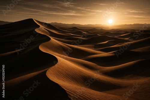 Majestic golden sunset over serene desert dunes