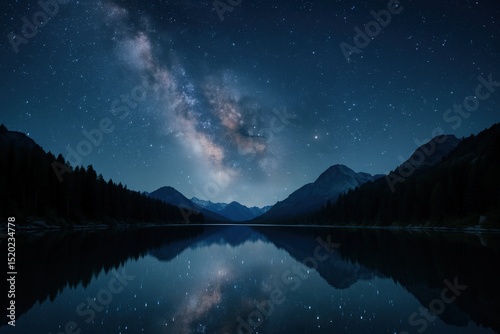 Captivating starry night over alpine lake with milky way reflection