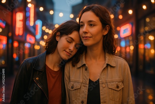 Romantic evening stroll in illuminated city street for love and connection
