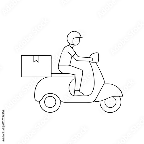 Delivery man on scooter riding with a package in a minimalist style on a white background