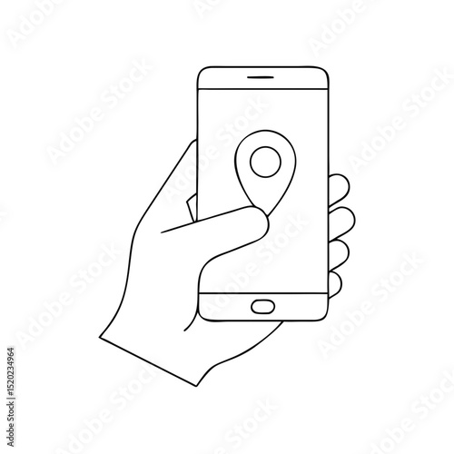 Hand holding smartphone with location tracking icon in a minimalist style on a white background for logistics concept