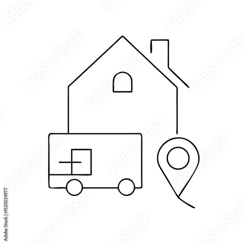 House delivery icon featuring a truck, house, and location pin in a minimalist style on a white background for logistics