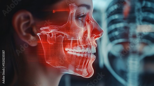 An augmented reality image shows a jaw X-ray overlaid on a photo.  Red highlights pinpoint painful areas, illustrating osteomyelitis, a human bone disease affecting the jaw.
 