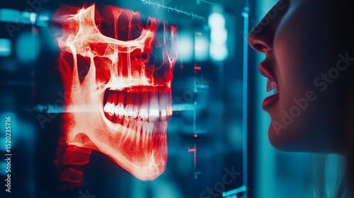 An augmented reality image shows a jaw X-ray overlaid on a photo.  Red highlights pinpoint painful areas, illustrating osteomyelitis, a human bone disease affecting the jaw.
 