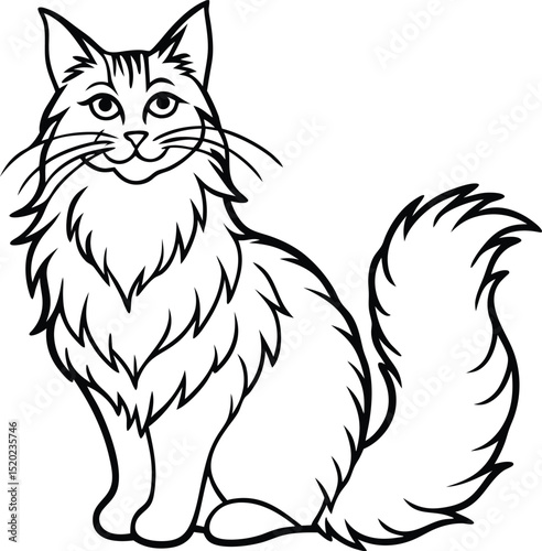 Majestic Maine Coon Cat Illustration Line Art of a Fluffy Longhair Cat Sitting with a Bushy Tail