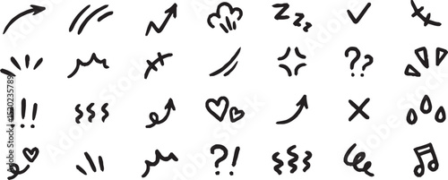 Line sketch star, text, arrow, heart decoration element icon set. Hand drawn sketch doodle cute star, emphasis, flower element. Pen line, brush, love text decoration shape icon. Hand drawn vector