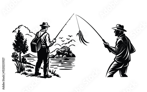 Man Fishing on Boat Scenic Outdoor Vector