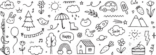 Line sketch star, text, arrow, heart decoration element icon set. Hand drawn sketch doodle cute star, emphasis, flower element. Pen line, brush, love text decoration shape icon. Hand drawn vector