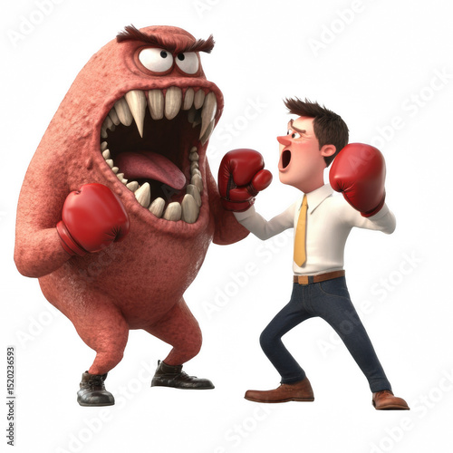 Animated Office Worker Boxing Stress Monster White Background