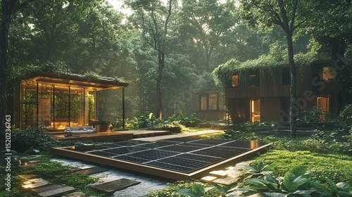 Eco-friendly solar power generation in a lush forest setting.  A clean energy solution for a sustainable environment.
 