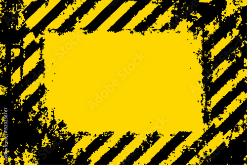 Grungy vector hazard background. Yellow and black diagonal warning stripes frame a textured central area, creating an edgy, industrial design element.