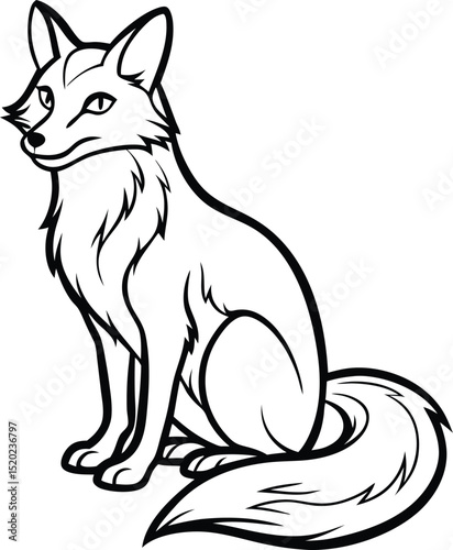 Elegant Sitting Fox Line Art Illustration of a Majestic Canine with a Bushy Tail