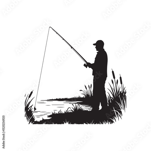 Silhouette of a Fisherman by the Lake Enjoying a Peaceful Fishing Trip