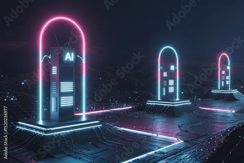 Futuristic artificial intelligence data processing servers with neon lights environment