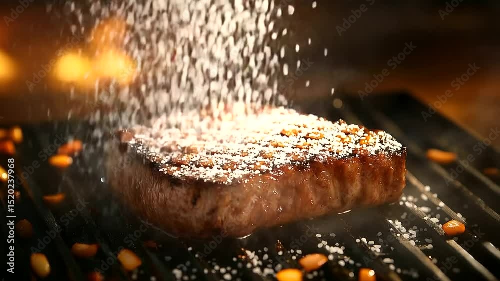 Thick porterhouse grilled to perfection, glowing with caramelized fat, salt raining from above onto its crusty ridges, framed by dim warm tones